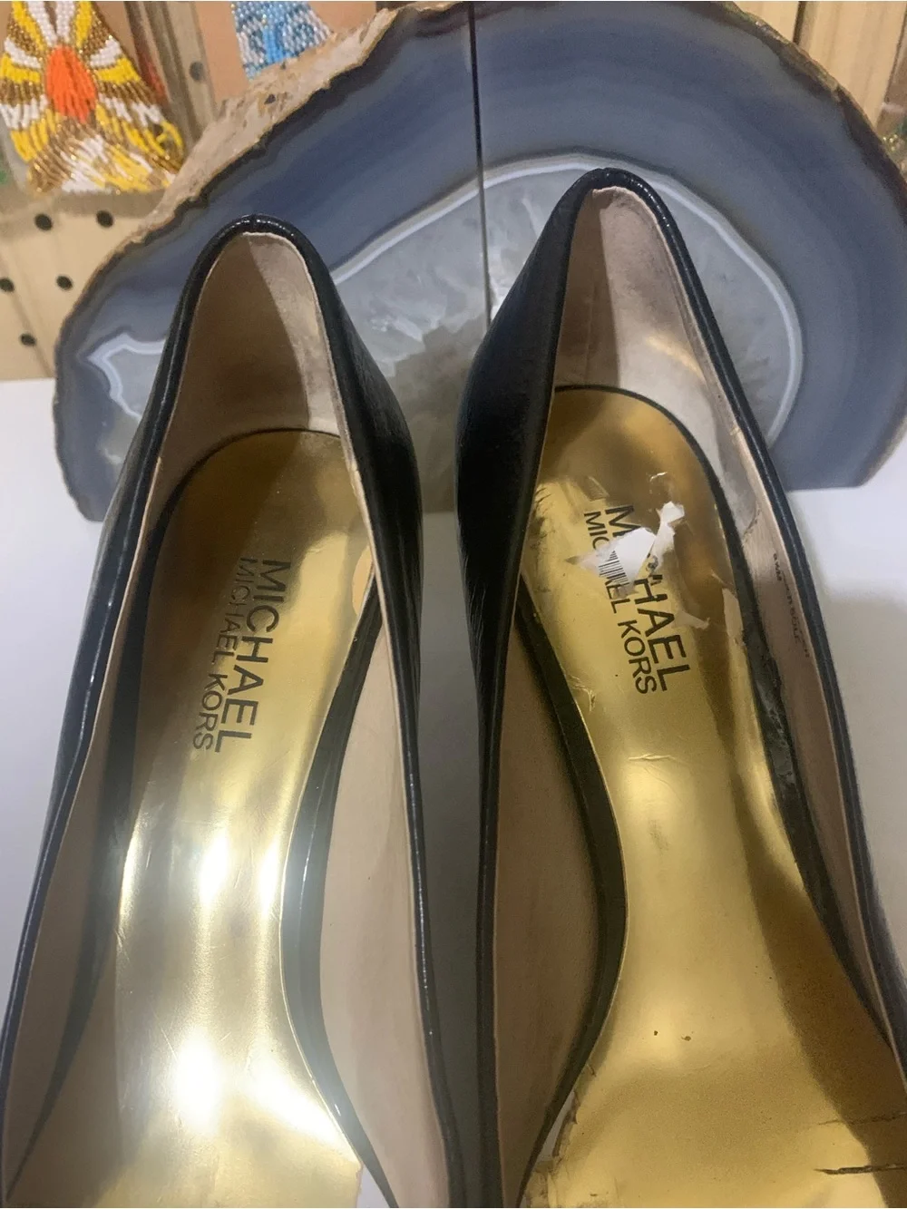 Michael Kors Black Leather Round-Toe Heels with MK Emblem